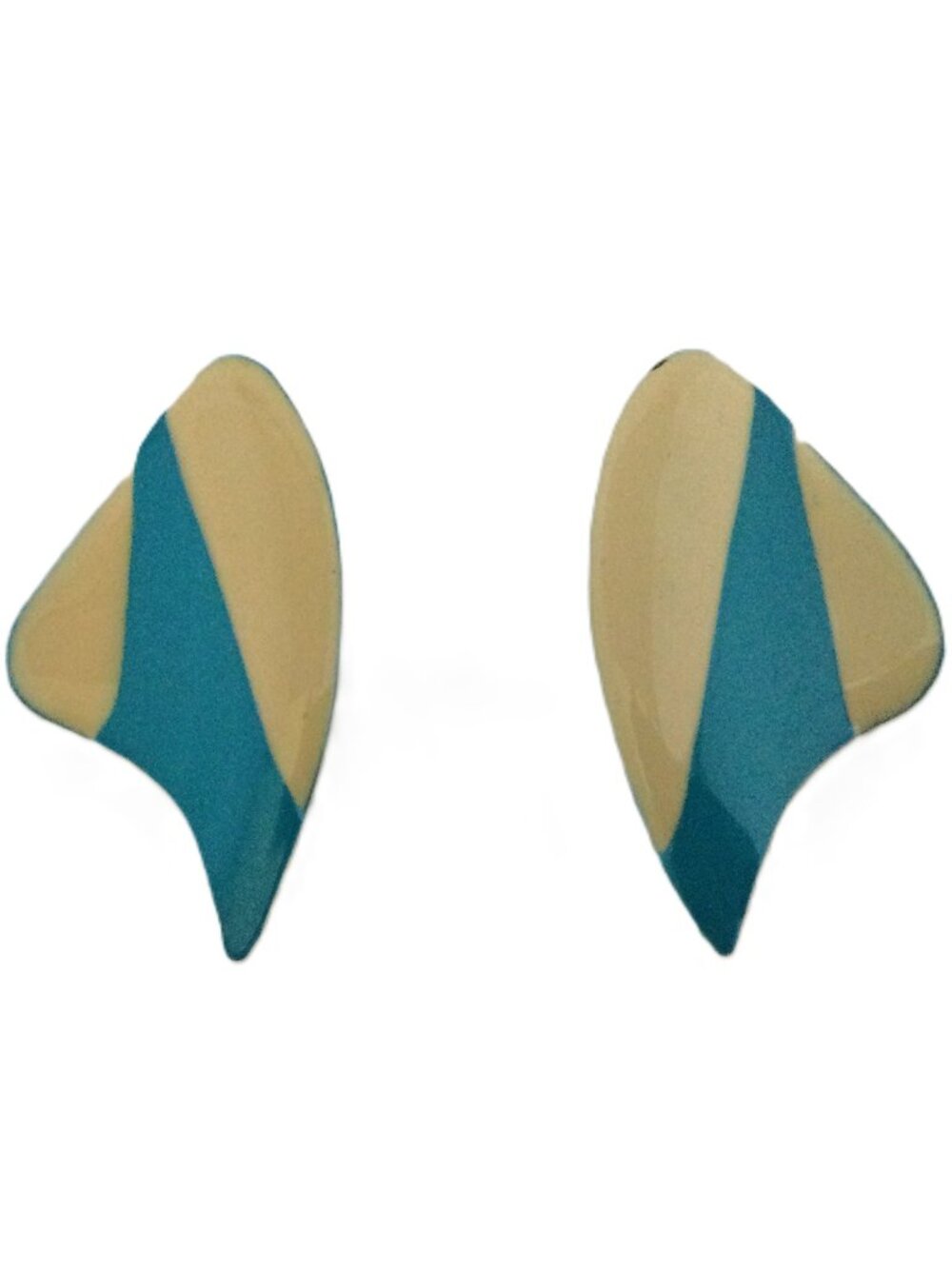 Vintage Turquoise Cream Enamel Metal Earrings Retro Geometric